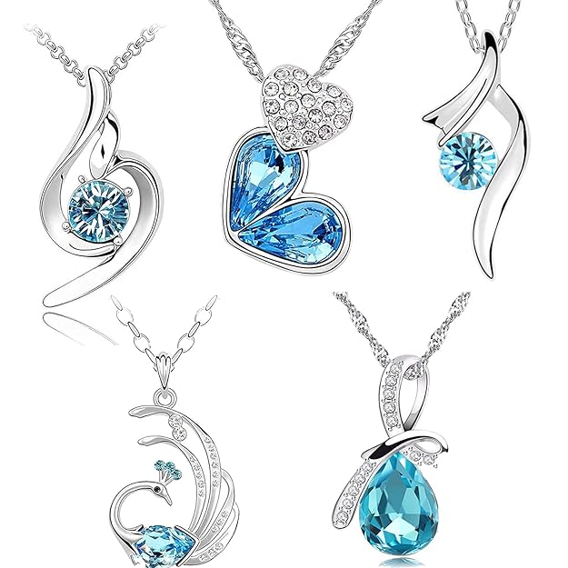 Valentine Gift Rhodium Plated Crystal Jewellery Combo Of 5 Designer Pendant Necklace Studded With Blue Crystal Elements For Girls And Women