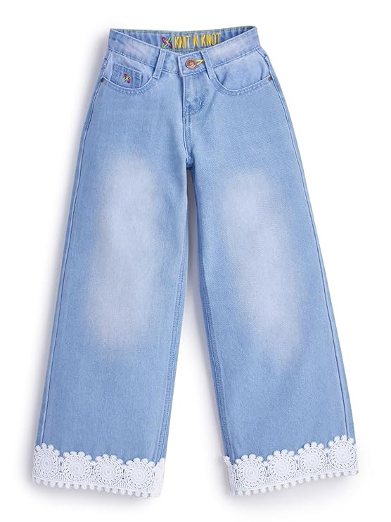 Girls' Kids Light Blue Wide Leg Flared Fit Relaxed Loose high Rise Jeans with Attached Embroidered Floral Lace Bottom