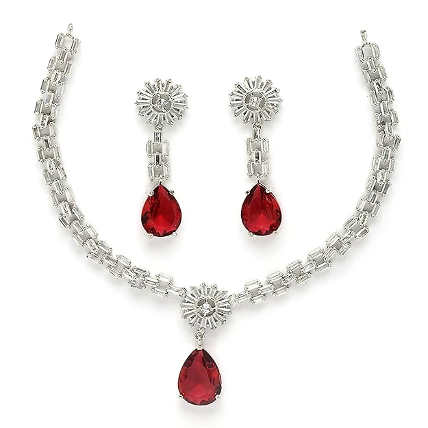 Rhodium Plated Brass Silver Toned Luxurious Sparkle Pink Necklace & Earring Jewellery Set For Women & Girls