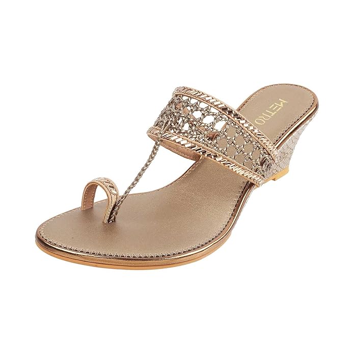 Women's Gold Ethnic Faux Leather Slip On Fashion Heel Sandals