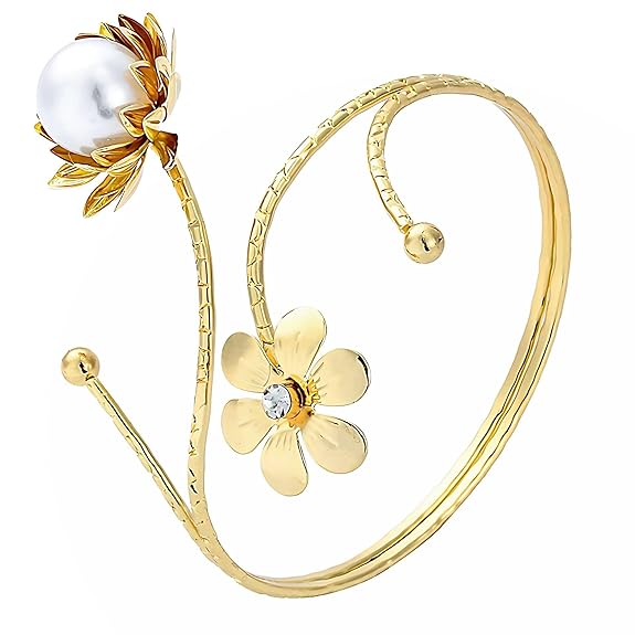 Gold Plated Parties/Wedding 'Botanical Dreamscape' Flowers Upper Arm Bracelet Armlet Cuff Band Bangle For Women And Girls