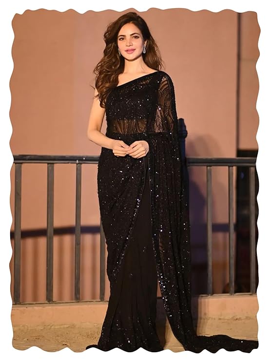 Women's Heavy Georgette Sequence Work Saree With Unstitched Blouse Piece