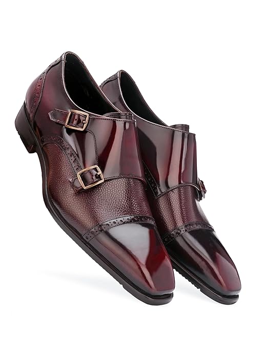 London Men's Double Monk Strap Italian Leather Formal Shoe with Leather Rubber Sole