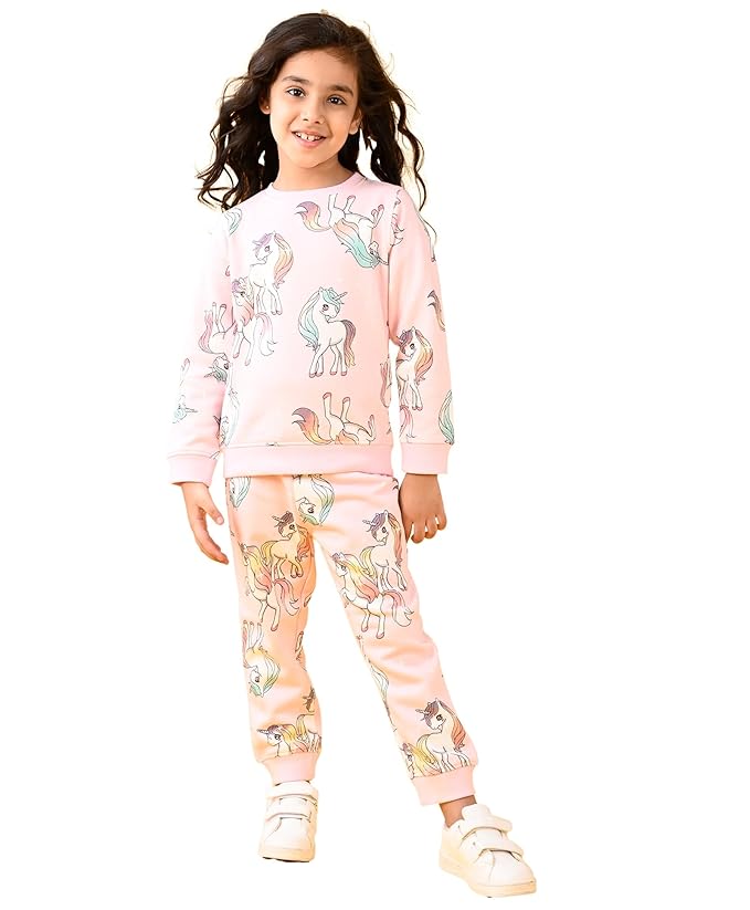 Cotton Rich Fleece Sweatshirt Jogger Set For Girls | Fabric : Fleece | Regular Fit |