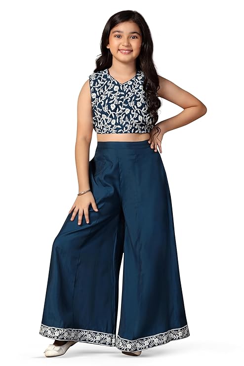 Girl's Silk Blend Ethnic Top and Palazzo Set |Kids Salwar Suit Set|