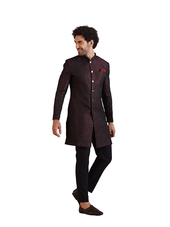 Men's Maroon and Navy Blue Indo-Western Sherwani Trousers Set, Cotton Full Sleaves