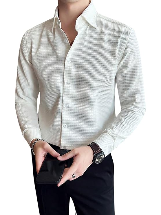 Men's Formal Button Down Shirt – Slim Fit Office Wear Shirt's for Men | Textured Long Sleeve Cotton Blend |
