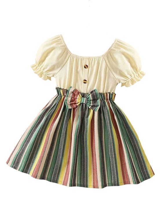 Toddler Girls Striped Print Puff Sleeve Bow Front Dress || Stripe Pattern Dress for Kids ||
