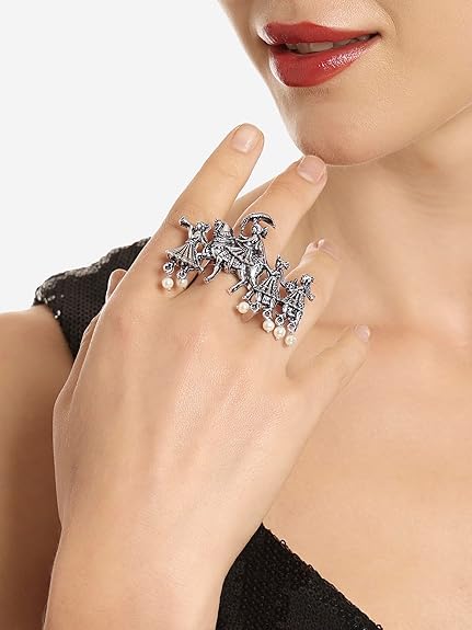 Silver Tone Barat Design Antique Oxidised Adjustable Finger Ring For Women