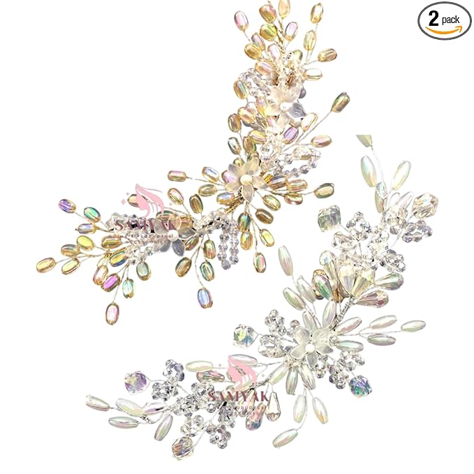 Combo of 2 Wedding Hair Pins Tiara Accessories Handmade Headdress Brooch for Women & Girls Bridesmaid Hair Vine