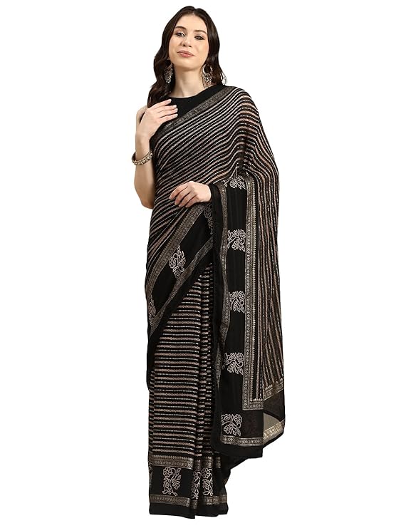 Black Printed Pure Georgette Saree With Unstitched Blouse