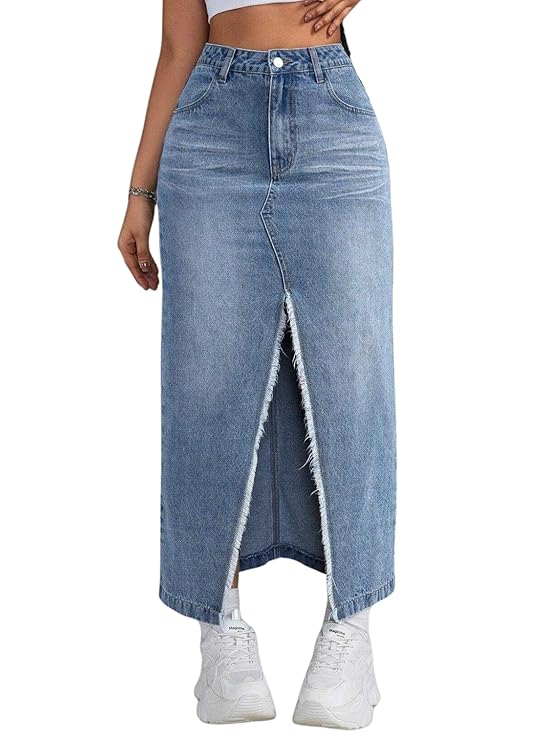 Women's High Waist Denim Skirt with Front Slit – Long Maxi Jean Skirt Casual Fashion – Stylish Denim Skirts for Women