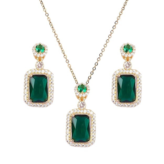 Tarnish Green Emerald Jewellery Set for Women | Gold Plated Necklace & Earrings Gift Box | Latest Stylish Minimal Jewelry Sets | Modern Design Aesthetic Accessories | Ideal for Gifting