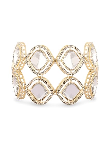Gold Tone Double Layered Austrian Diamonds & Artificial Stones Embellished Ethnic Bracelet For Women