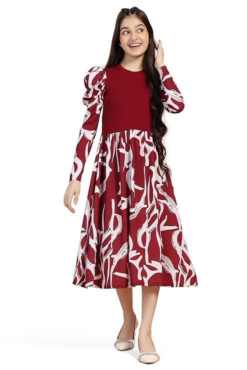 Girls Calf Length Dress|Dresses for Girls|Kids Girls Dress|Frock for Girls|Midi Dress for Girls|Girls Printed Frock