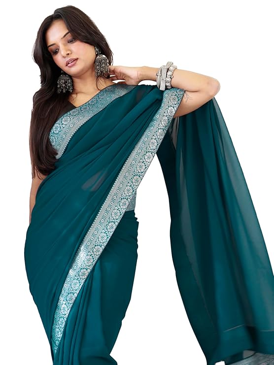 Women's Georgette Solid Ready To Wear one Minute Saree With Unstitched Blouse Piece