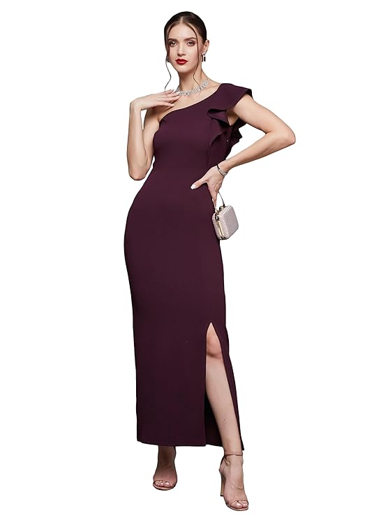 Women's Solid One Shoulder Sleeveless Ruffled Maxi Dress