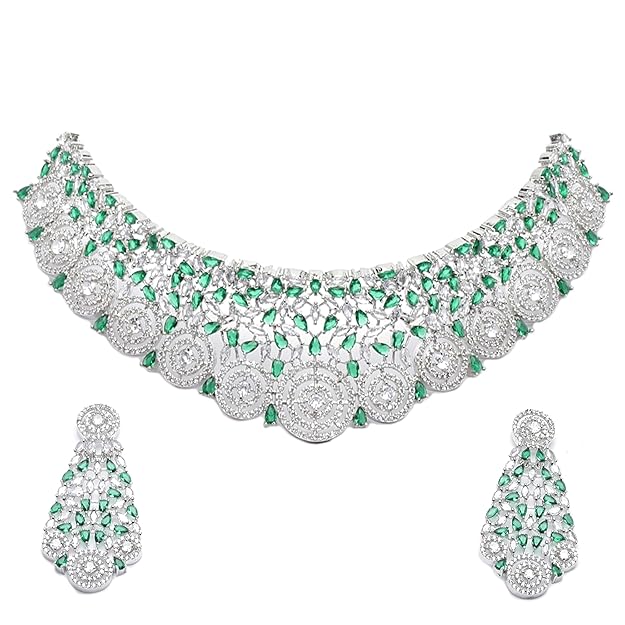 Rhodium-Plated Silver American Diamond Choker Necklace with Earrings Jewellery Set with Girls and Women