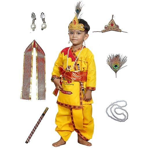 Fancy Dresses Cotton Krishna Costume For Kids | Baby Krishna Dress For Janmashtami/Kanha/Krishnaleela/Infant Krishna Fancy Dress Costume For Baby Boys/Girls - Yellow