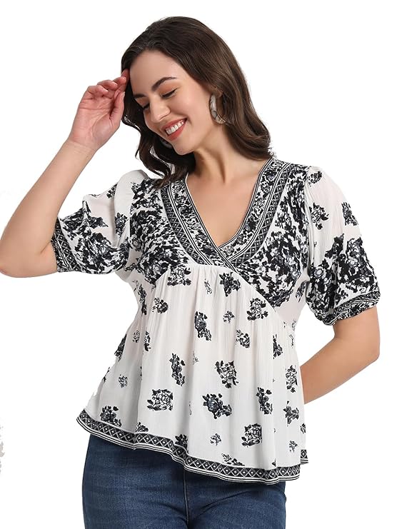 Women Top Kurta Floral Printed Tunic Blouse Summer Fit and Flare Casual Stylish Short Kurta Half Sleeves Western