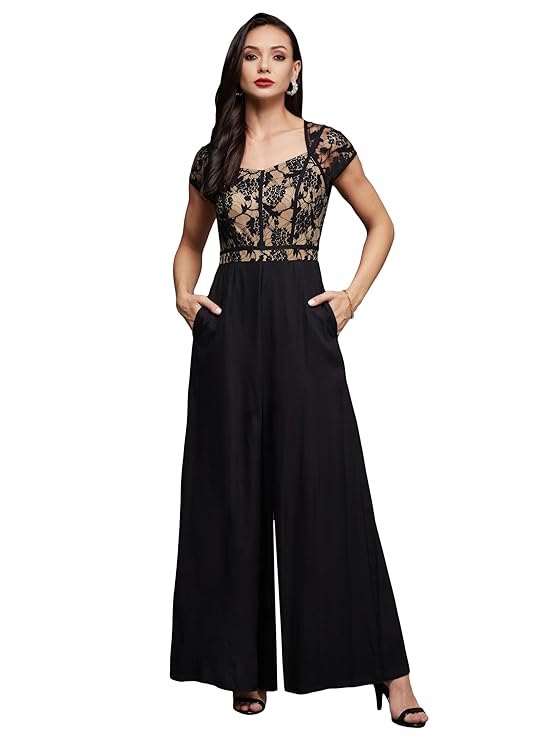 Women's Sweetheart Neck Raglan Sleeve Floral Lace Overlaid Viscose-Rayon Regular Length Jumpsuit