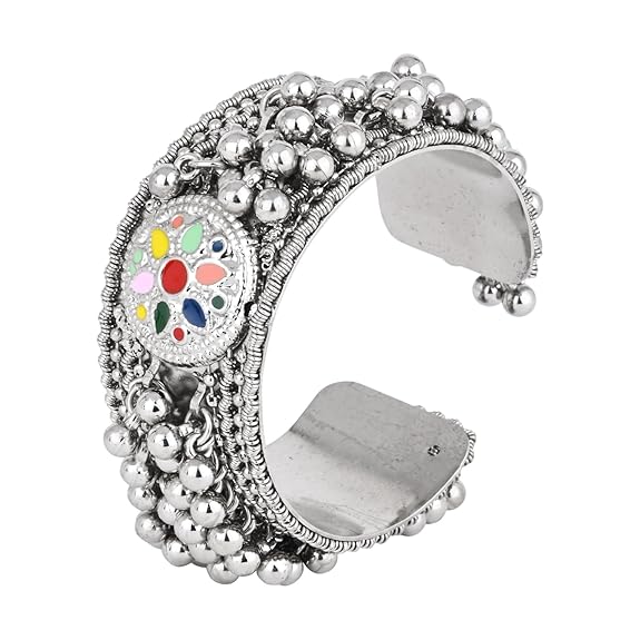Navratri Ethnic Silver Oxidised Afghani Ghungroo with Colorful Design Adjustable Cuff Kada Bracelet For Women