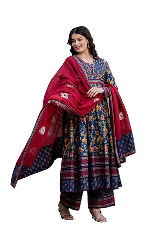 Women's Pure Cotton Anarkali Floral Printed Kurta with Palazzo & Dupatta Set