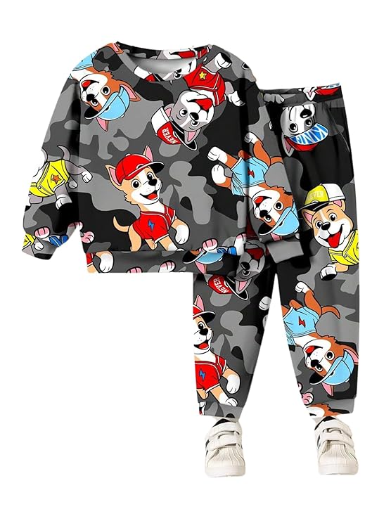 All Over Cute Puppy Print Full Sleeve T-Shirt & Pant Set | Kids Dress Boy Sweatshirt Style | Winter Wear Clothes for Baby & Bacchon ke Kapde