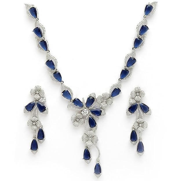 Silver Plated Brass Rhodium Coated Royal Blue & Tear Drop Crystal American Diamond Necklace With Earring Jewellery Set For Women