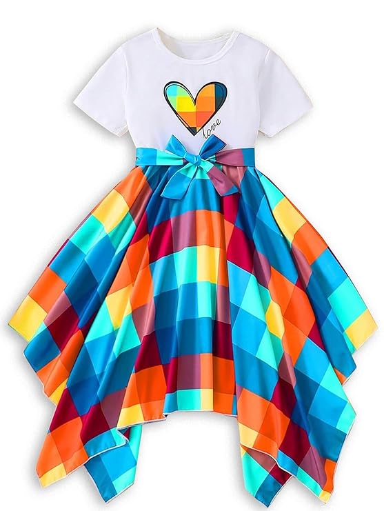 Girls Rainbow Heart Print Dress, White T-Shirt with Colourful Geometric Skirt, Bow Detail