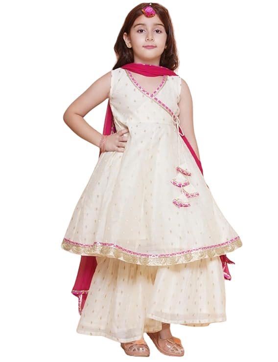 Girls Chanderi Silk Kurta Sharara Dress Set with Dupatta | Salwar Suit for Girls |