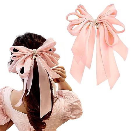 Korean Peach Large Hair Silky Pearl Bow Tassel Clips with Strong Metal Fancy Barrettes Clip