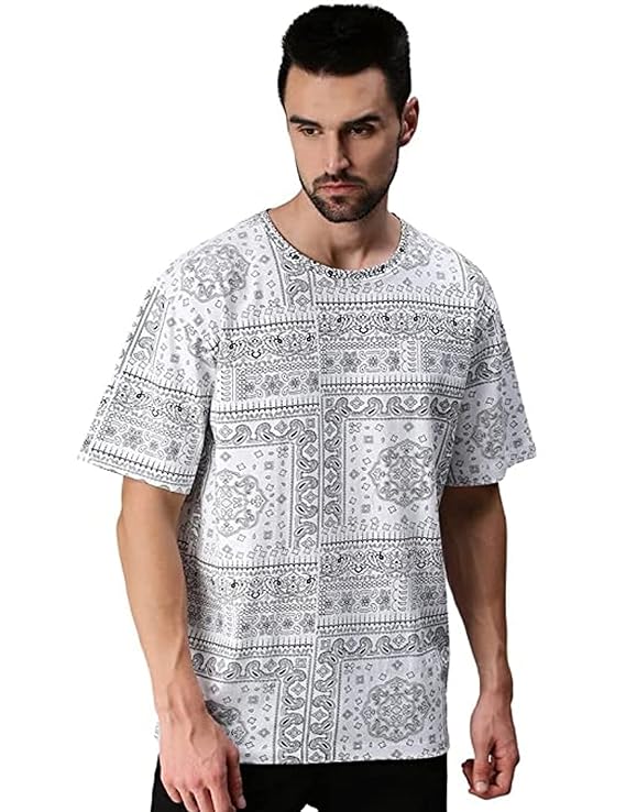 Pure Cotton Oversized Loose Baggy Fit Drop Shoulder Round Neck All Over Paisley Bandana Printed Half Sleeves T-Shirt for Men
