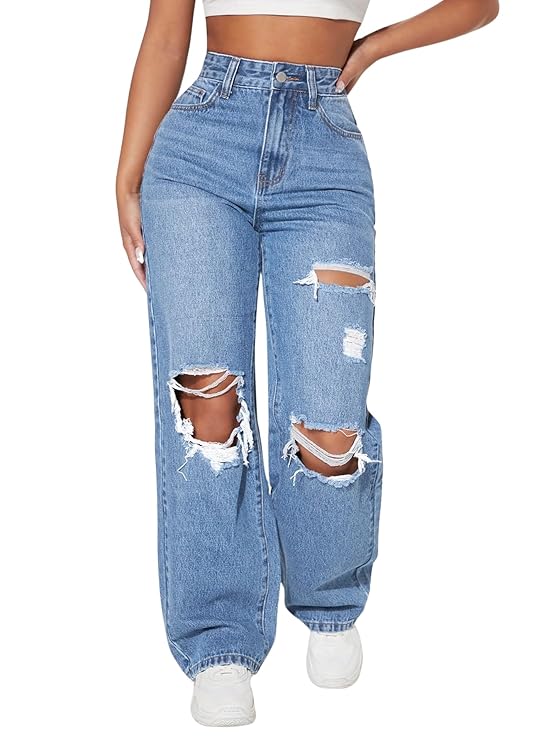 Solid High Waist Ripped Straight Leg Pant & Trouser for Women's & Girl's