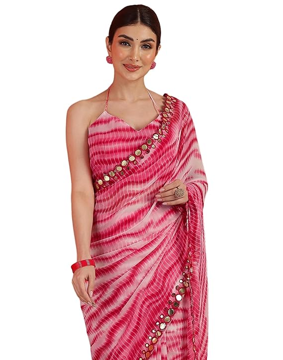 Women's Georgette Printed Mirror Work Border Saree with Unstitched Blouse Piece