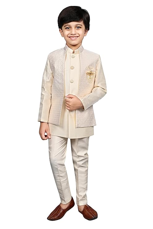 Kids Indian Ethnic Silk Blend Waistcoat Kurta Pyjama Set Traditional Bollywood Style Wedding Sherwani for Boys