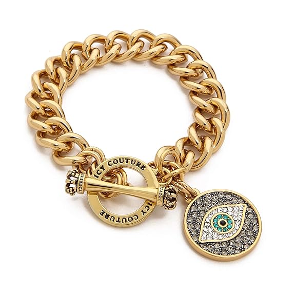 Gold Cuban Chunky Chain Bracelet with Crystal Evil Eye Charm, Toggle Clasp for Women Girls