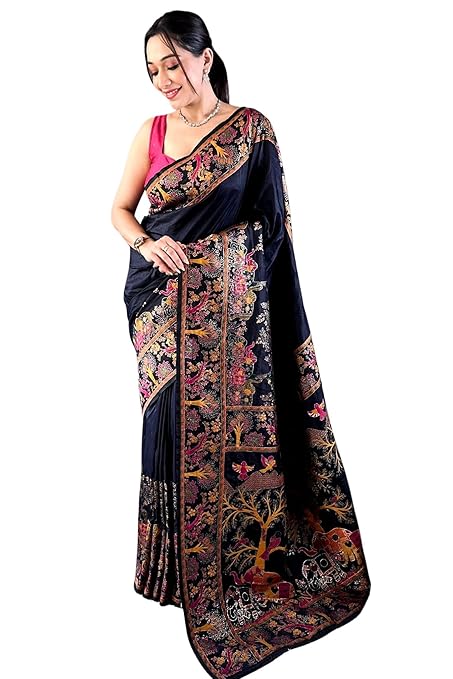 Women's Kanjivaram Pure Soft Silk Saree With Blouse Piece (Black)
