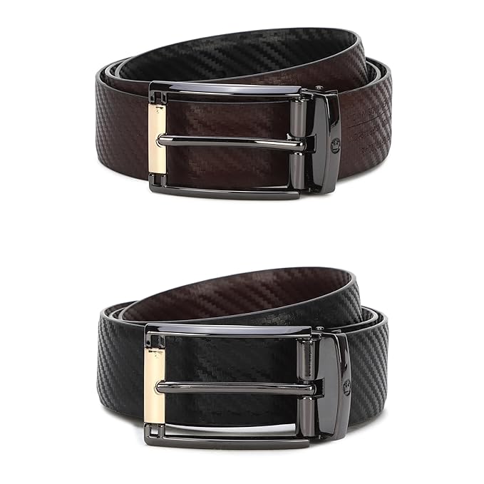 Men Textured Reversible Formal Italian Leather with Dual Tone Buckle Belt