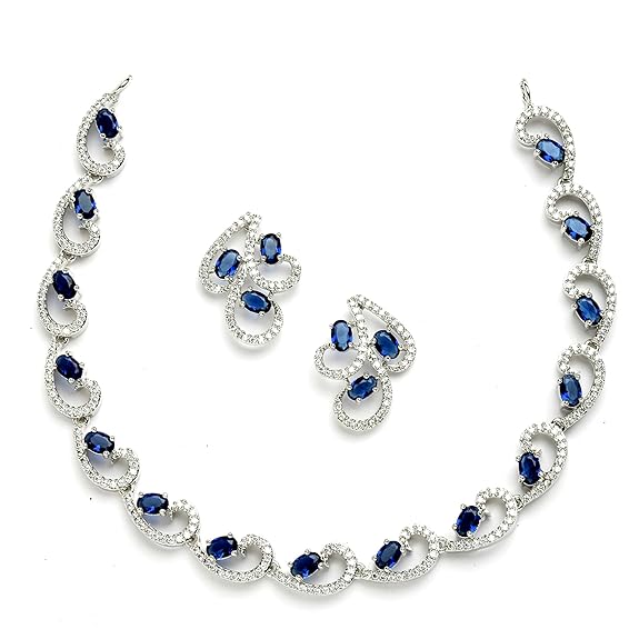 Rhodium-Plated with Silver-Toned White Cubic Zirconia & American Diamond studded Necklace and Drop Earrings Jewellery Set for women