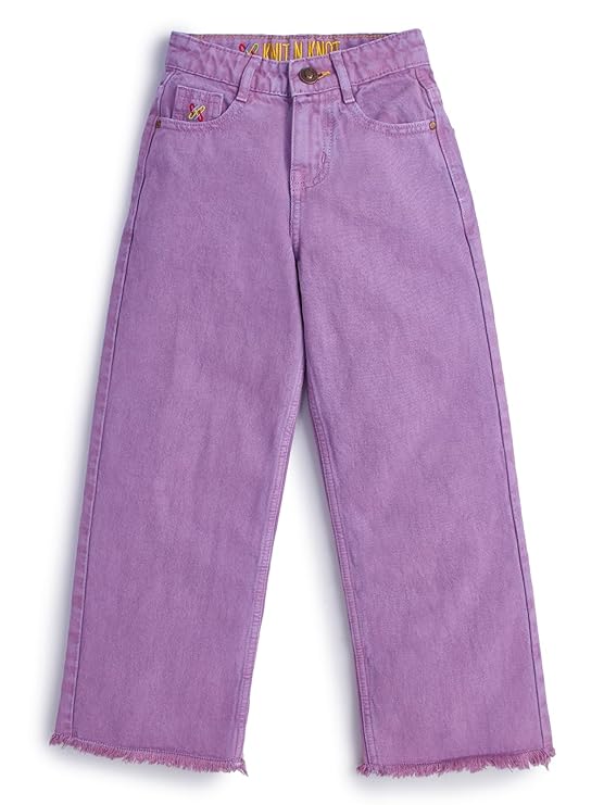 Girl's Kids Lavender Light Purple Wide Leg Flared Fit Relaxed Loose Colour High Waist Frayed Bottom Jeans |
