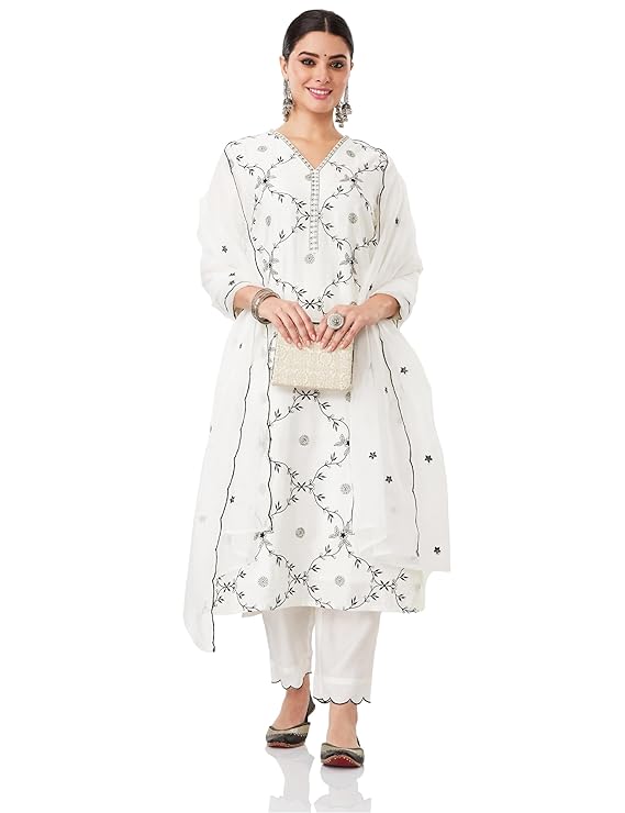 Women's Embroidered Kurta Pant Set with Organza Dupatta