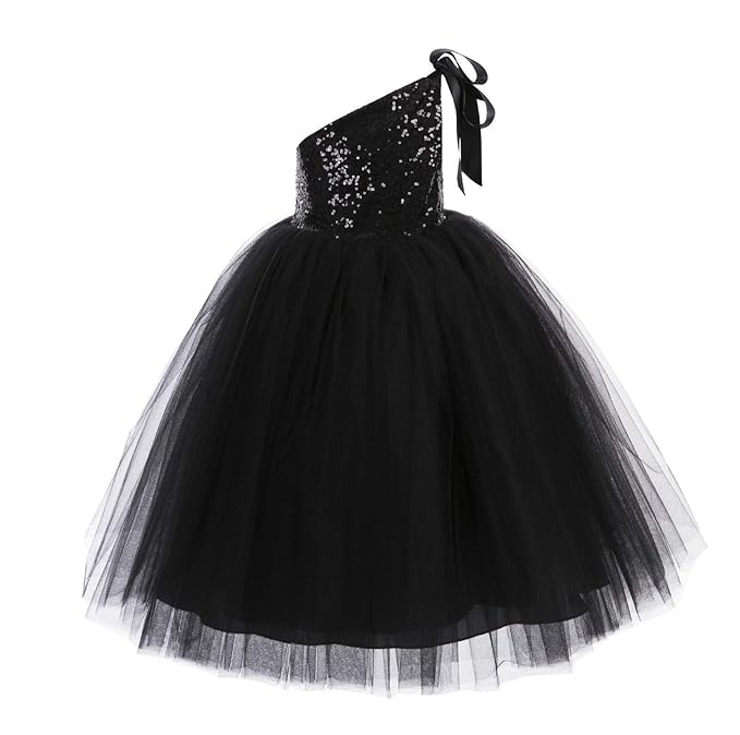 Baby Girls' Sequins Net Cotton One Shoulder Birthday Parties Wedding Gown Kids Dresses