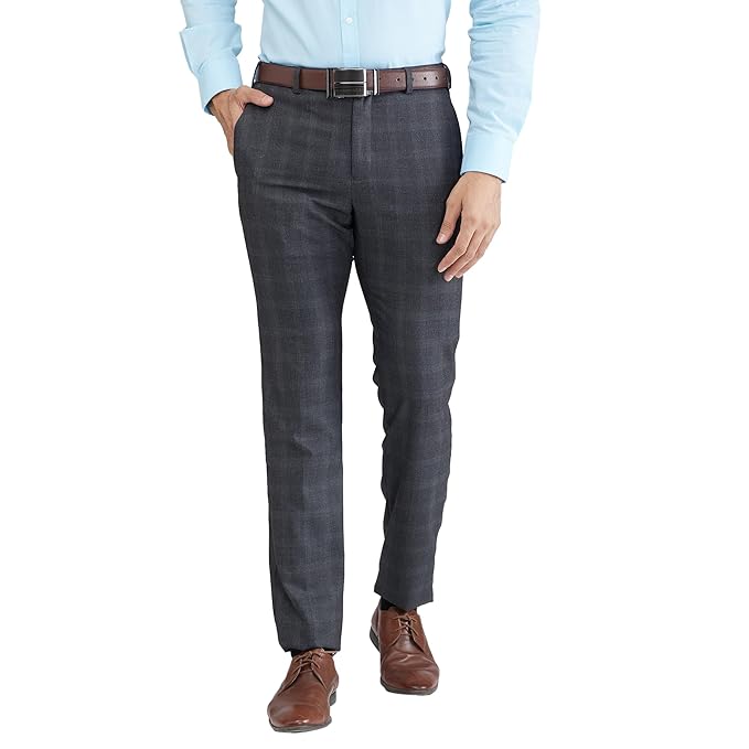 Men's Mid Rise Slim Fit Checks Pattern Poly Viscose Blend Flat Front Formal Trouser