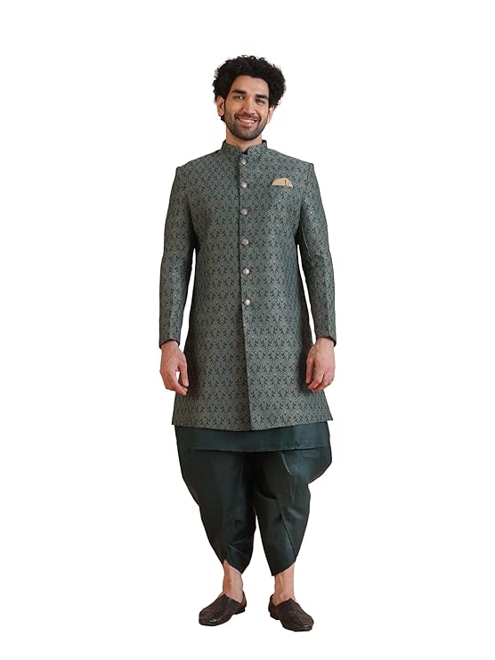 Men's Kurta Sherwani Set Indo-Western Silk Blend, Geometric Design, Full Sleaves, Knee Length, Straight, Regular Fit, Mandarin Collar Ethnic Wear