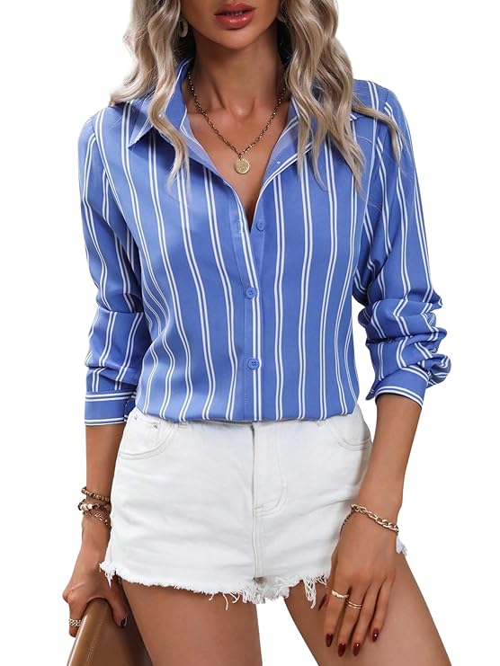 Solid Button Up Drop Shoulder Striped Print Casual Formal Long Sleeve Shirt for Women's & Girl's