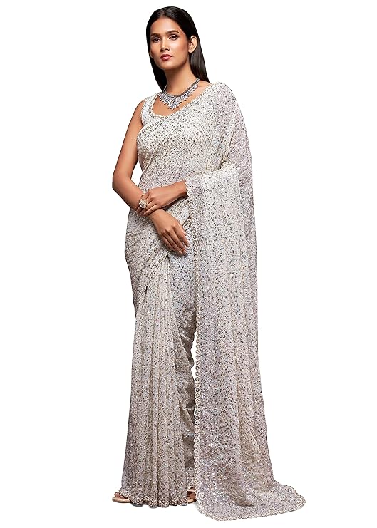 Women's Georgette Heavy Sequins Work Heavy Saree with Blouse (Latest-Sequins-Party-Saree