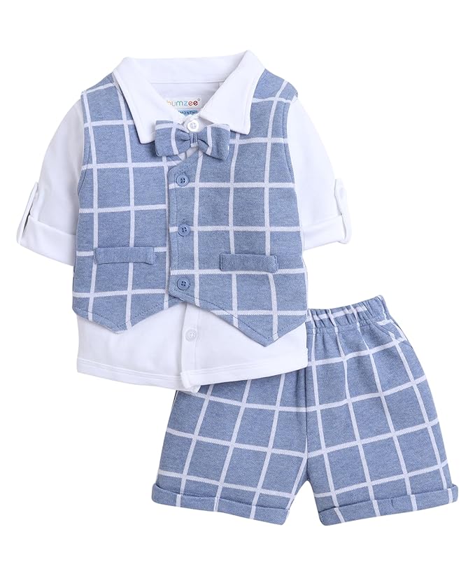 Boy's Cotton Checkered Full Sleeves Shirt Waistcoat & Short Set With Applique Bow