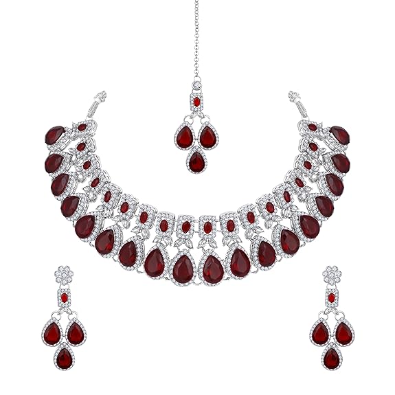 Kundan Polki and Crystals Traditional Necklace with Earrings and Maang Tikka for Women - Jewellery Set for Party, Wedding, Engagement
