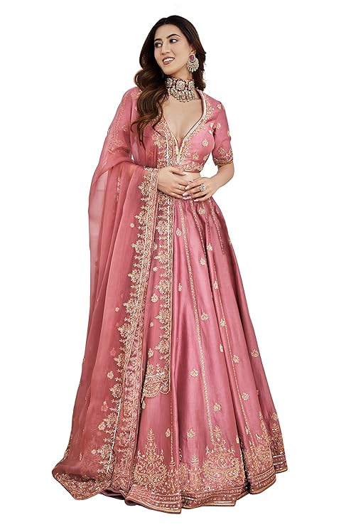 Women's Satin Embroidery Sequence Work Lehenga Choli Set with Dupatta For Women SemiStitch | Stylish Wedding Lehenga Choli for women